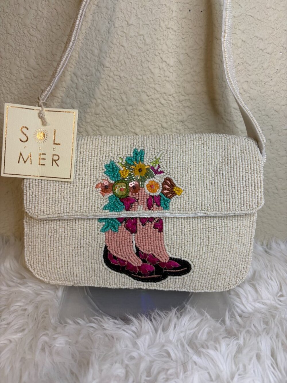 Sol and Mer Beaded Cowboy Boots Floral Western Shoulder Bag Purse NWT